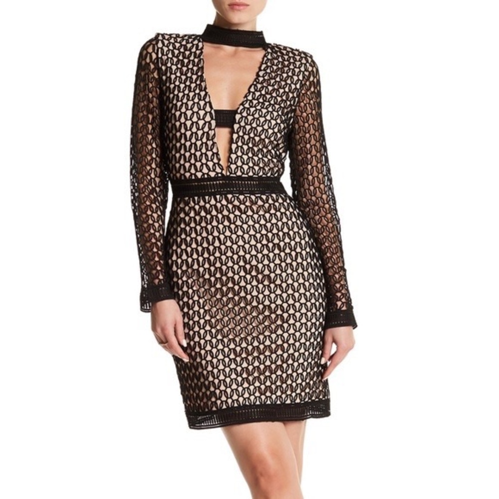 Revolve Elliatt Small Black Geo Dot Long Sleeve Sheath Dress Choker Neck‎ Event